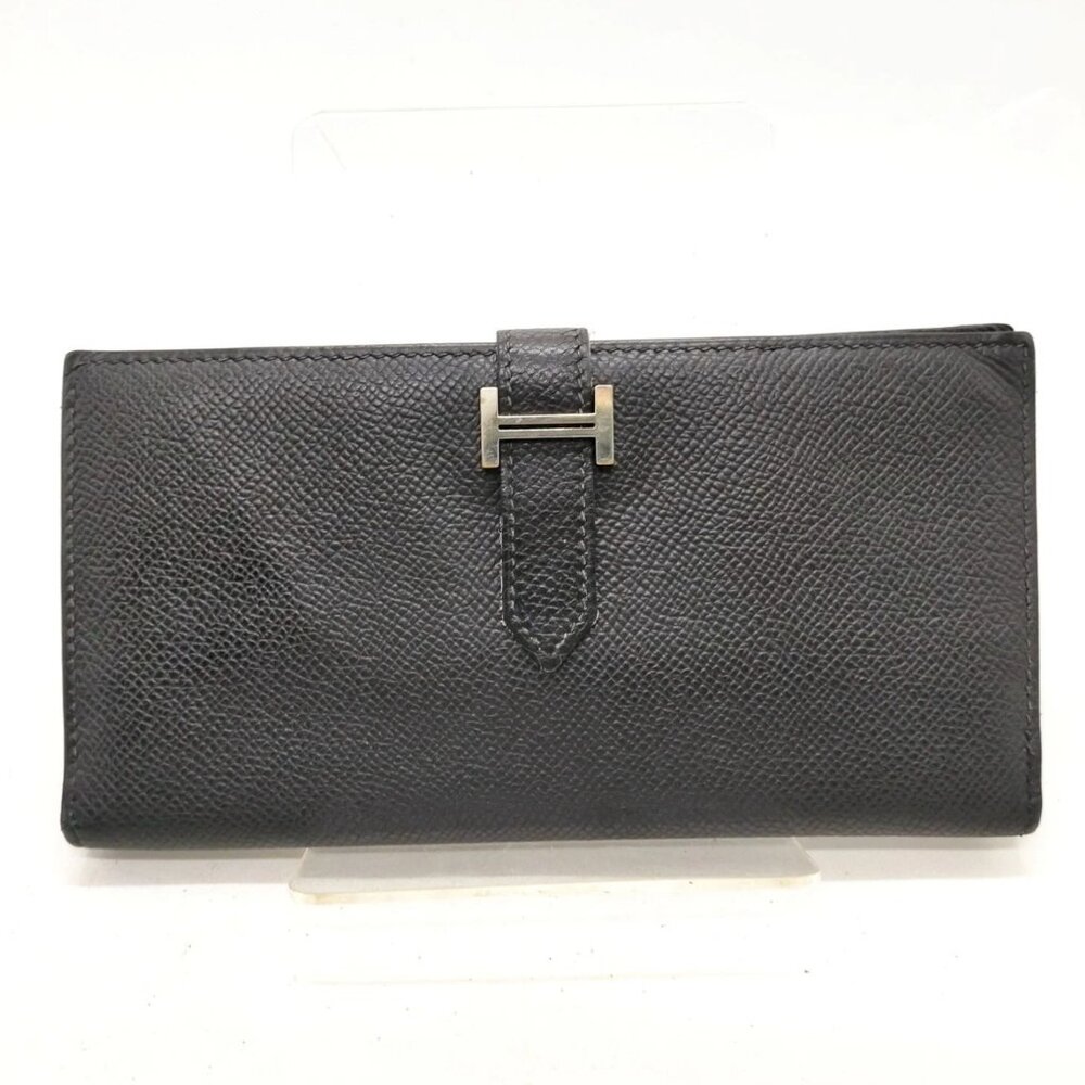 $3795 Authentic HERMES Made in FRANCE Unisex Black Leather Bifold Long Wallet